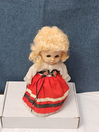 Vintage Heritage Doll Piggy Bank European Folk Costume Blonde Curls Aged Charm