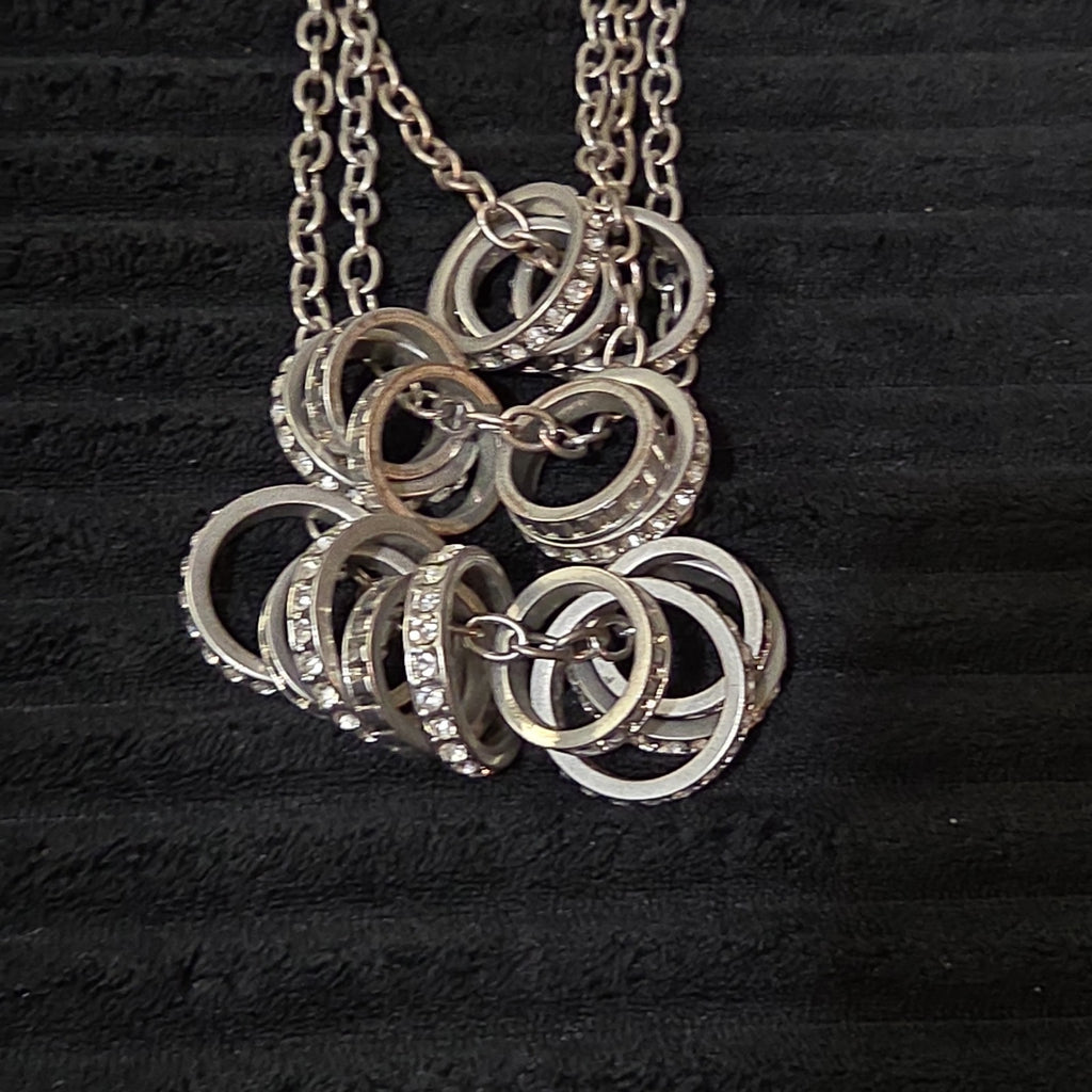 NY Collection Silver Tone Triple Chain Rhinestone Ring Cluster Necklace