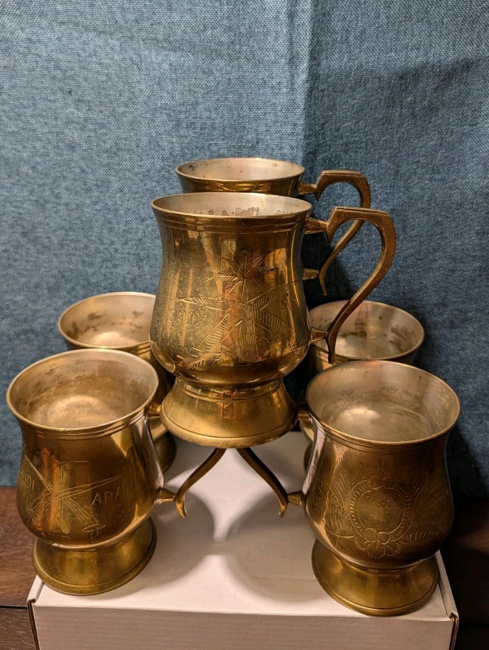 6 Vintage Etched Brass Mugs | Saudi Souvenir Goblets | Schree Amber  & Co.