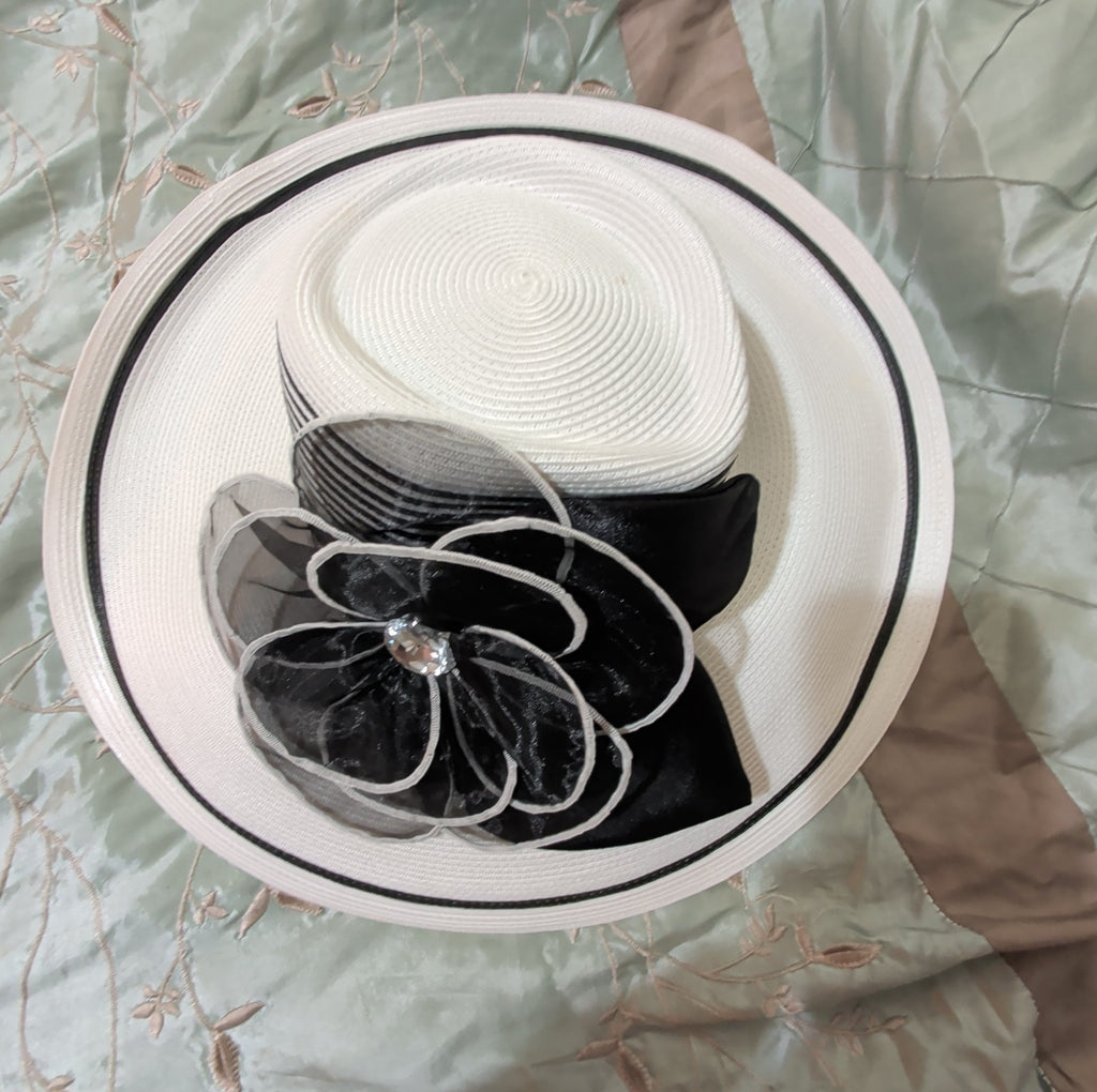 Tuscany Wide Brim Church Derby Dress Hat Black White Flower Bow Ribbon