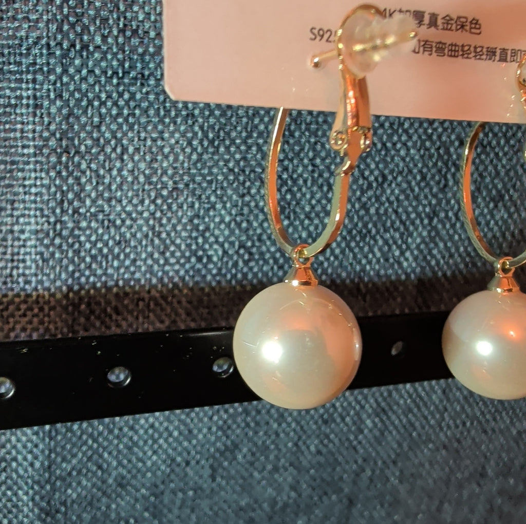 HS DP Fashion Pearl Drop Hoop Earrings 14K Gold Plated S925 Post Classic