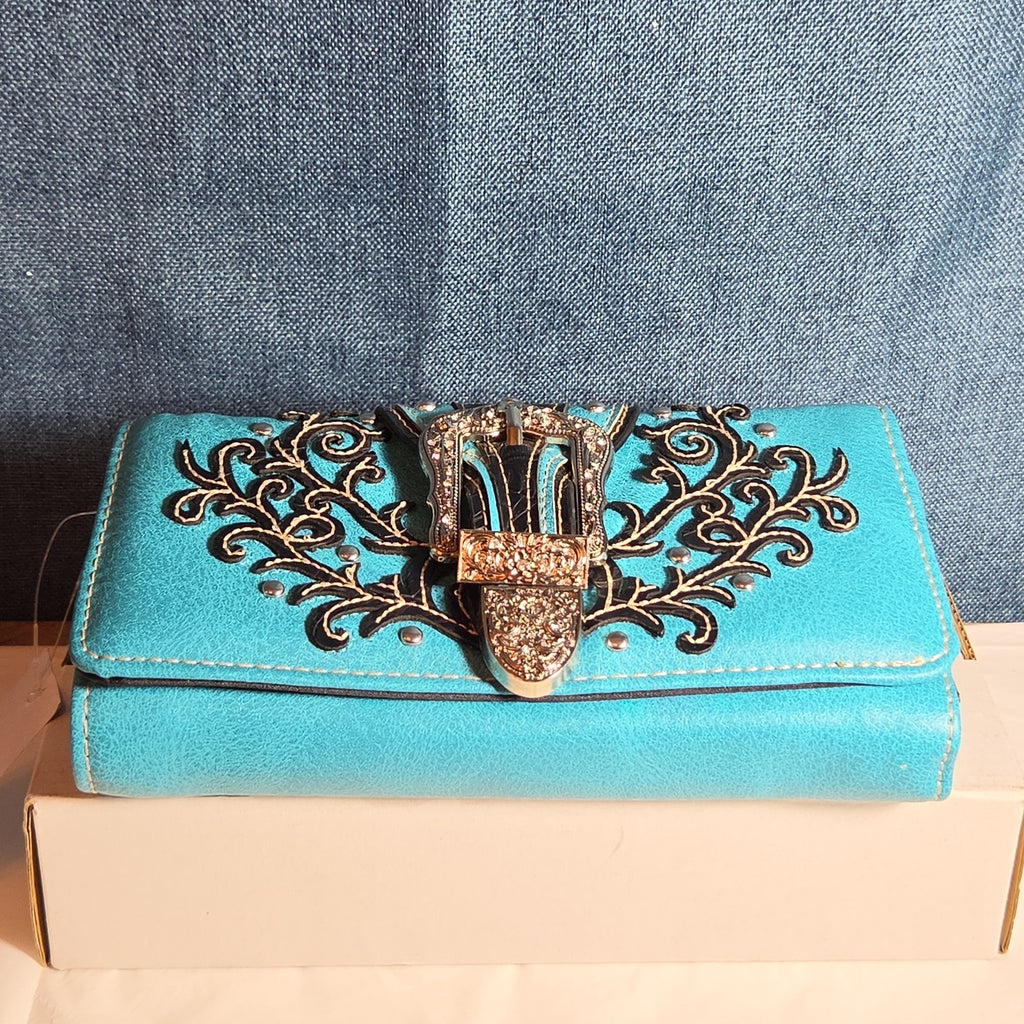 Turquoise Western Buckle Floral Trifold Crossbody Wallet NWT