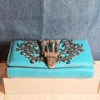 Turquoise Western Buckle Floral Trifold Crossbody Wallet NWT