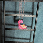 Cheshire Cat Necklace Pink Enamel Silver Tone Pop Culture