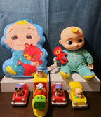 CoComelon Toy Lot Musical Bedtime JJ Doll Plush Pillow 4 Mini Vehicles Jazwares