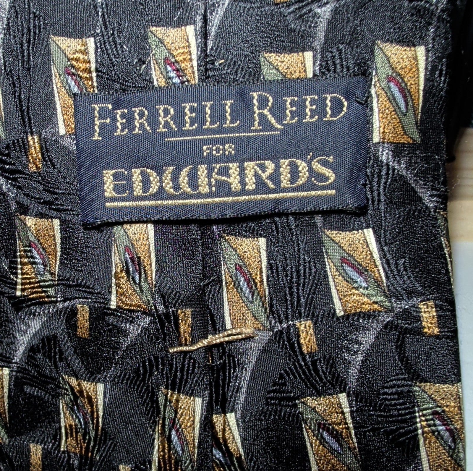 Vtg Ferrell Reed for Edwards Silk Neck Tie Black Gold Geometric Art Deco 59.5