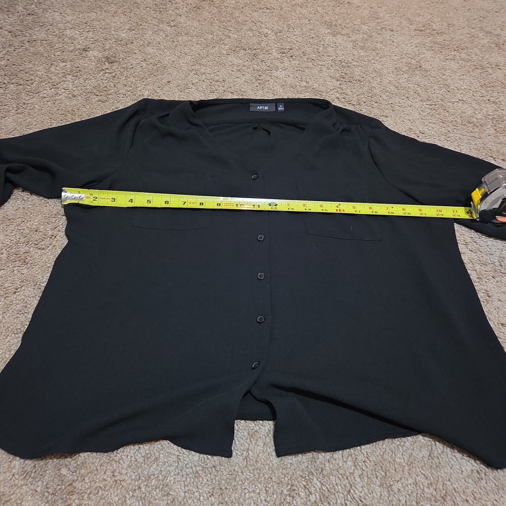 Apt 9 Black Blouse Womens XL V-Neck Roll Tab Sleeve Lightweight Shirt Casual Top