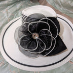 Tuscany Wide Brim Church Derby Dress Hat Black White Flower Bow Ribbon