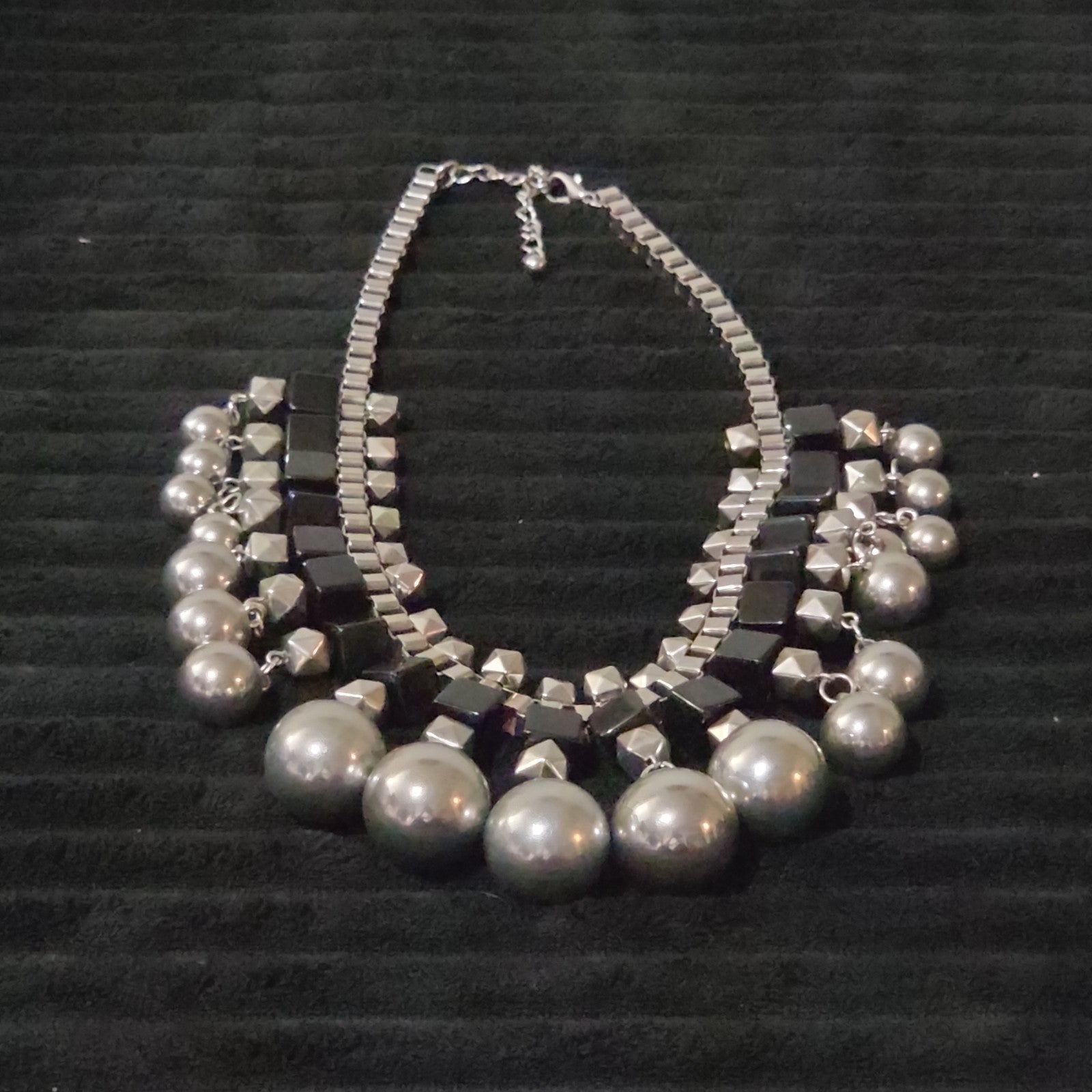 Chunky Silver Bib Statement Necklace Black Cube Cascading Collar Choker Punk Mod