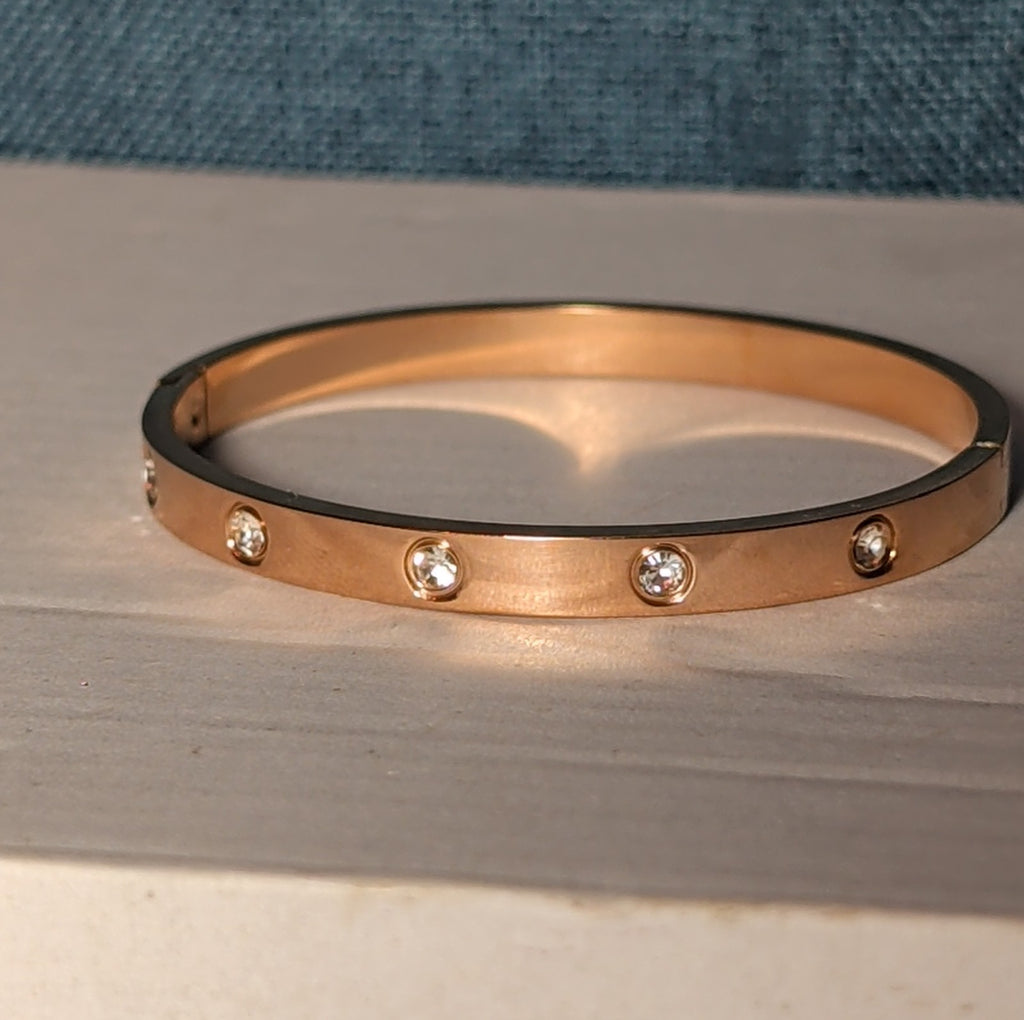 Hinged Bangle Copper Rose Gold Tone Rhinestone