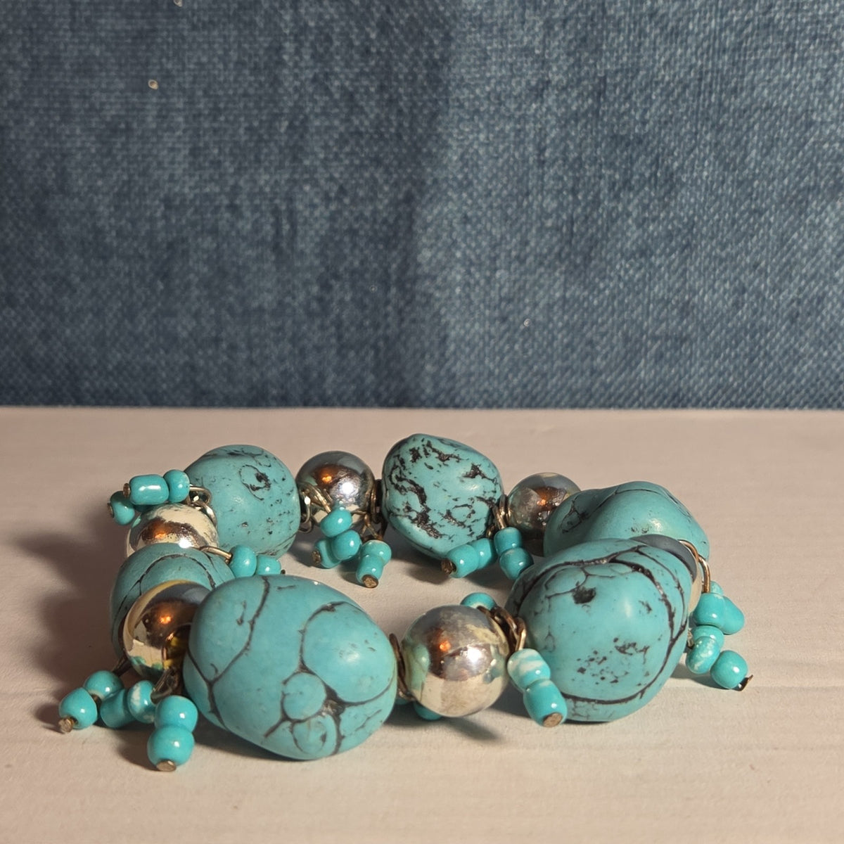 Chunky Faux Turquoise Silver Tone Stretch Bracelet Boho Y2K NWOT