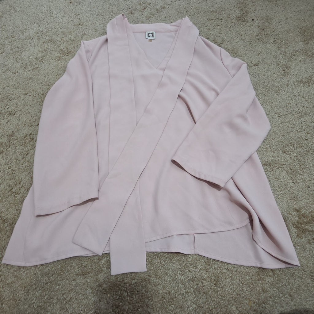 Anne Klein Blouse L Pink Tie Neck V-Neck Long Sleeve Career Top