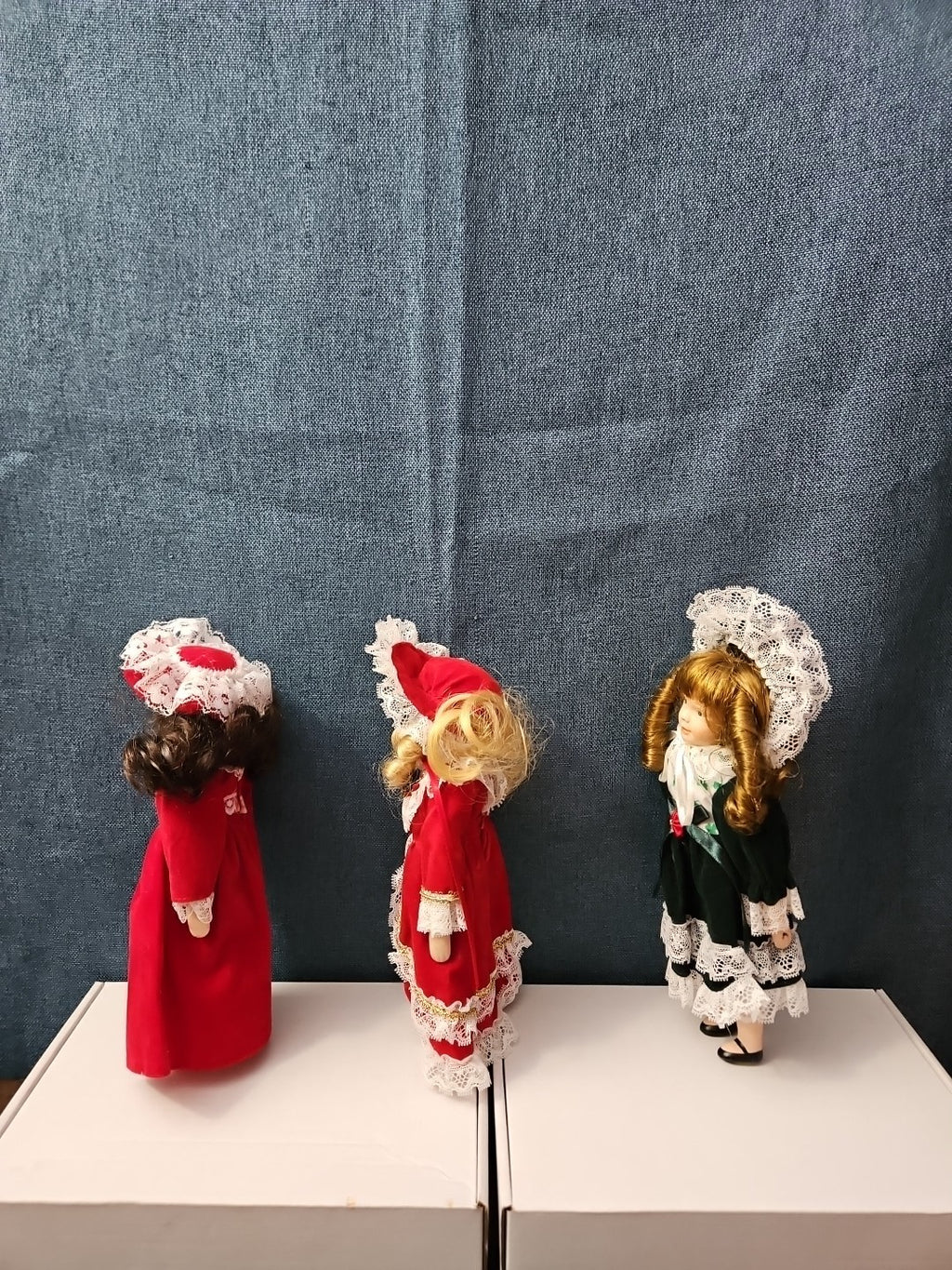 Set of 3 Vintage Porcelain Dolls | Red & Green Velvet | Christmas Carolers