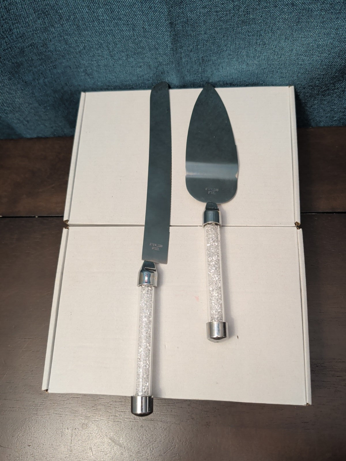 Mr & Mrs Wedding Cake Server Knife Set | Crystal Filled Bling Handle Stainless