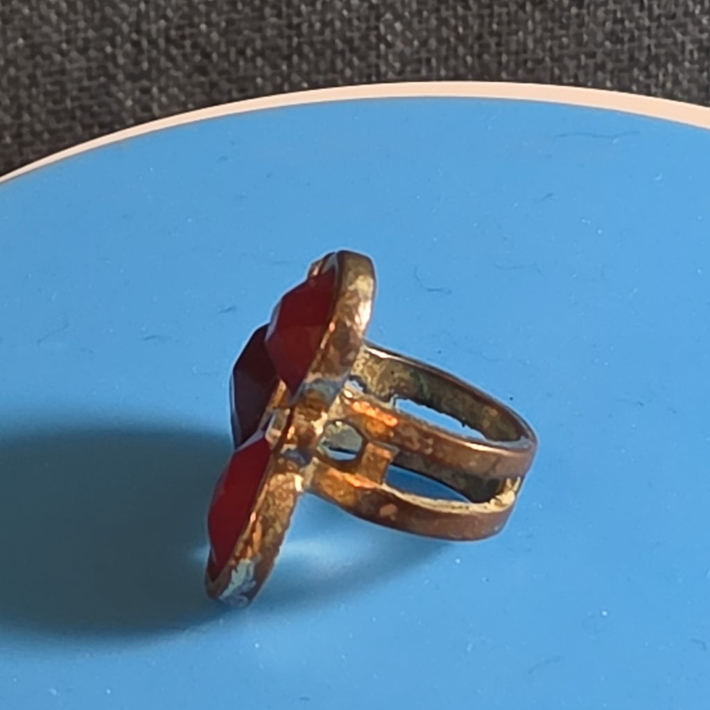 Red Gemstone Cluster Ring Gold Tone Statement Size 8.5