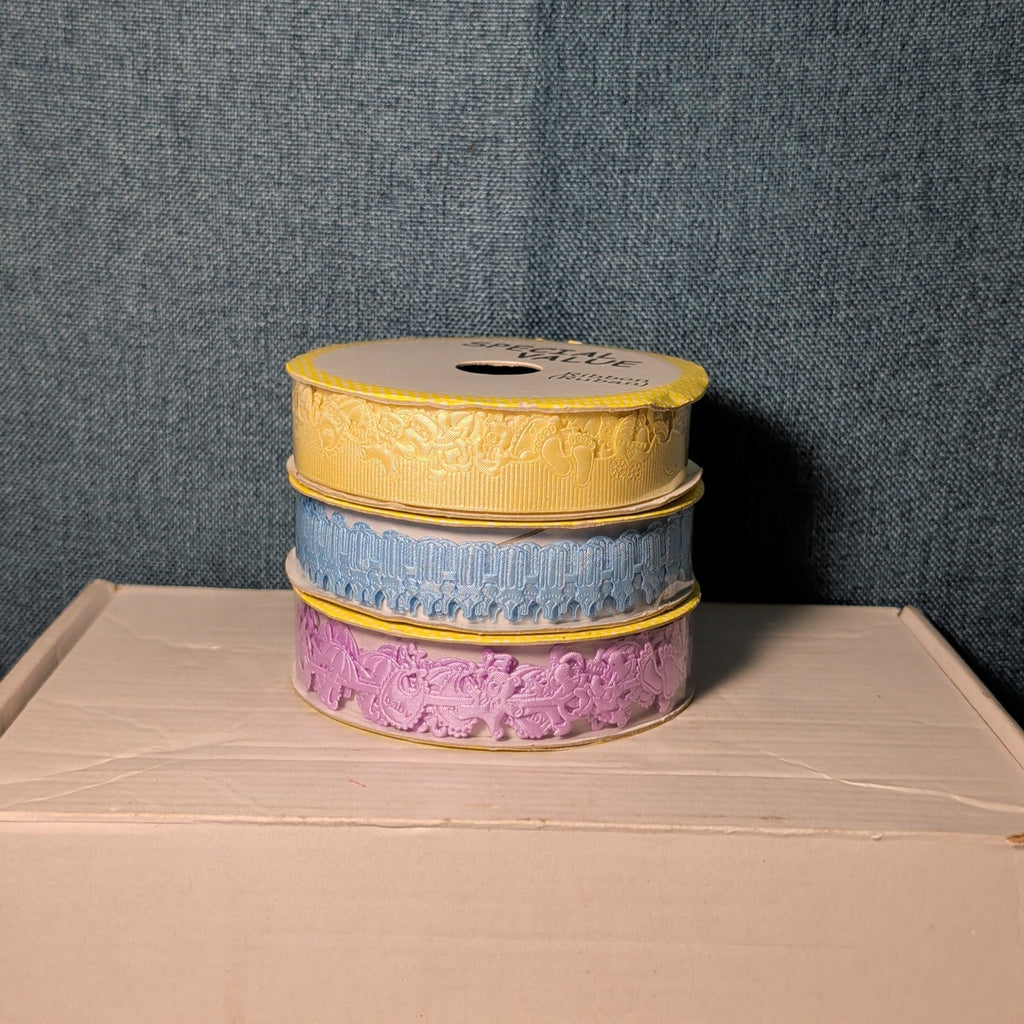 Mixed Ribbon Lot 11 Spools Satin Grosgrain Lace Wired Blue Green Yellow Fall