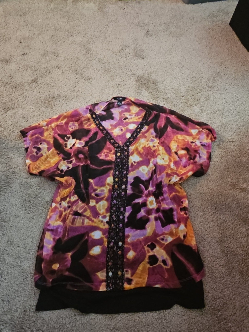 Alfani Petite Large P/L Boho Mesh Top Sheer Beaded V-Neck Floral Purple Blouse