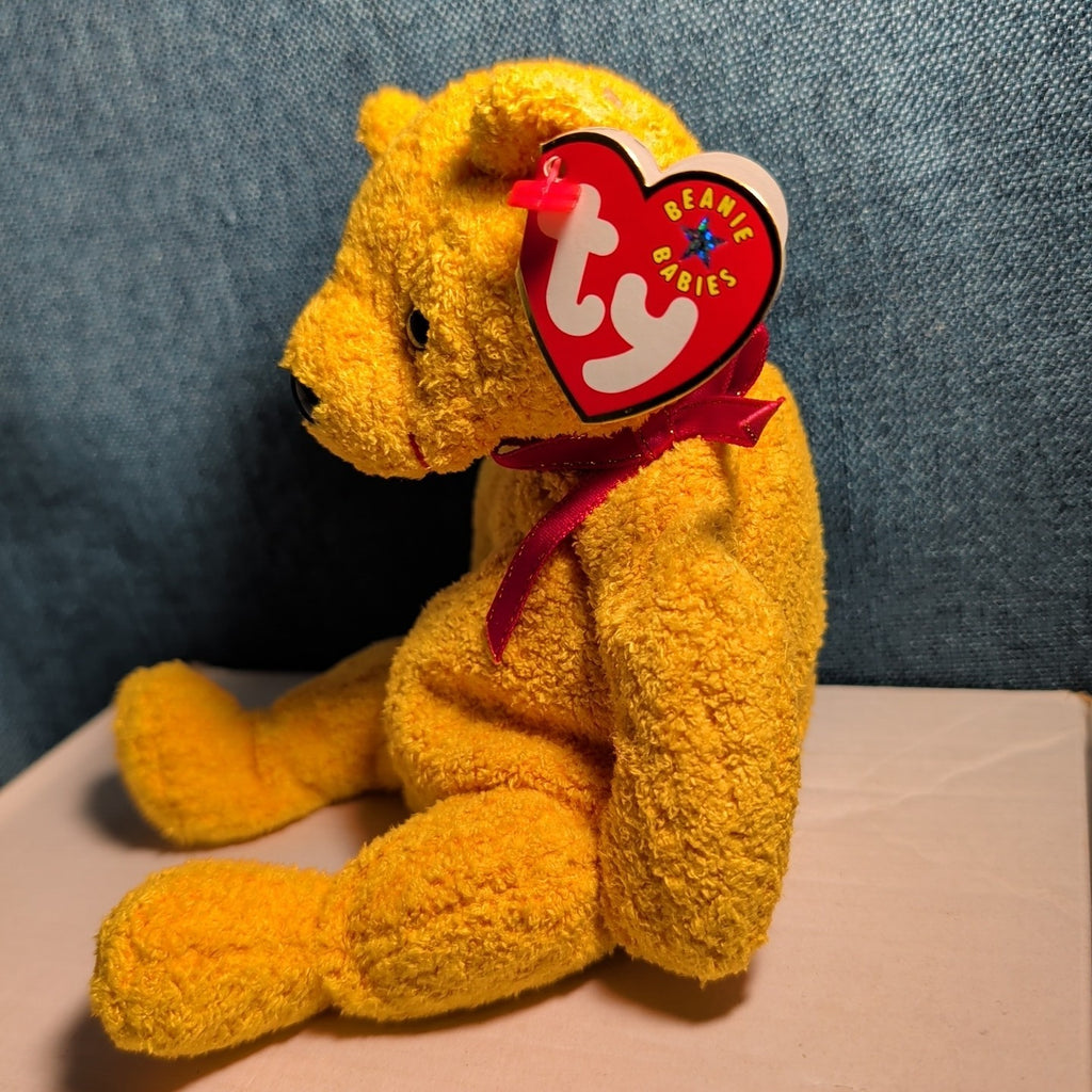 Ty Beanie Baby POOPSIE THE BEAR | 2001 Retired MWMT | Vintage Yellow Teddy Bear