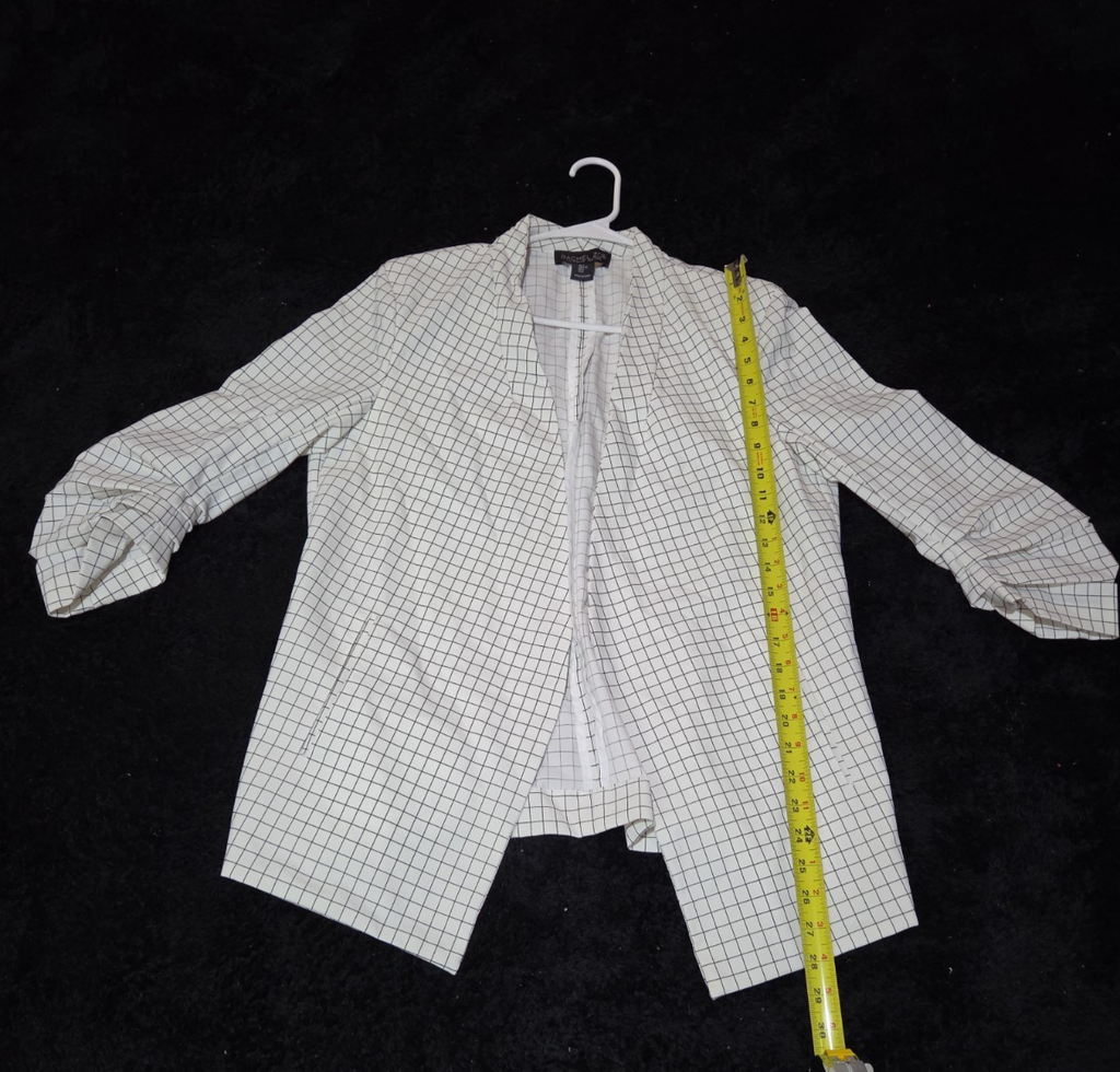 Rachel Zoe Open Front Blazer Women's S White Black Check 3/4 Sleeve Ruche Size L