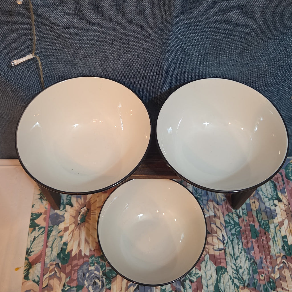 Royal Norfolk Set 3 Ceramic Bowls 6" Black White Dashed Swirl