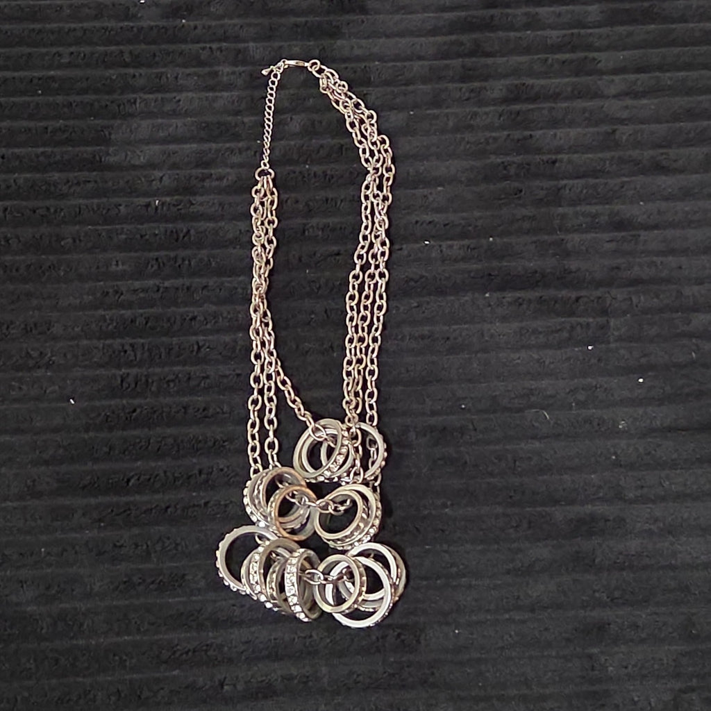 NY Collection Silver Tone Triple Chain Rhinestone Ring Cluster Necklace