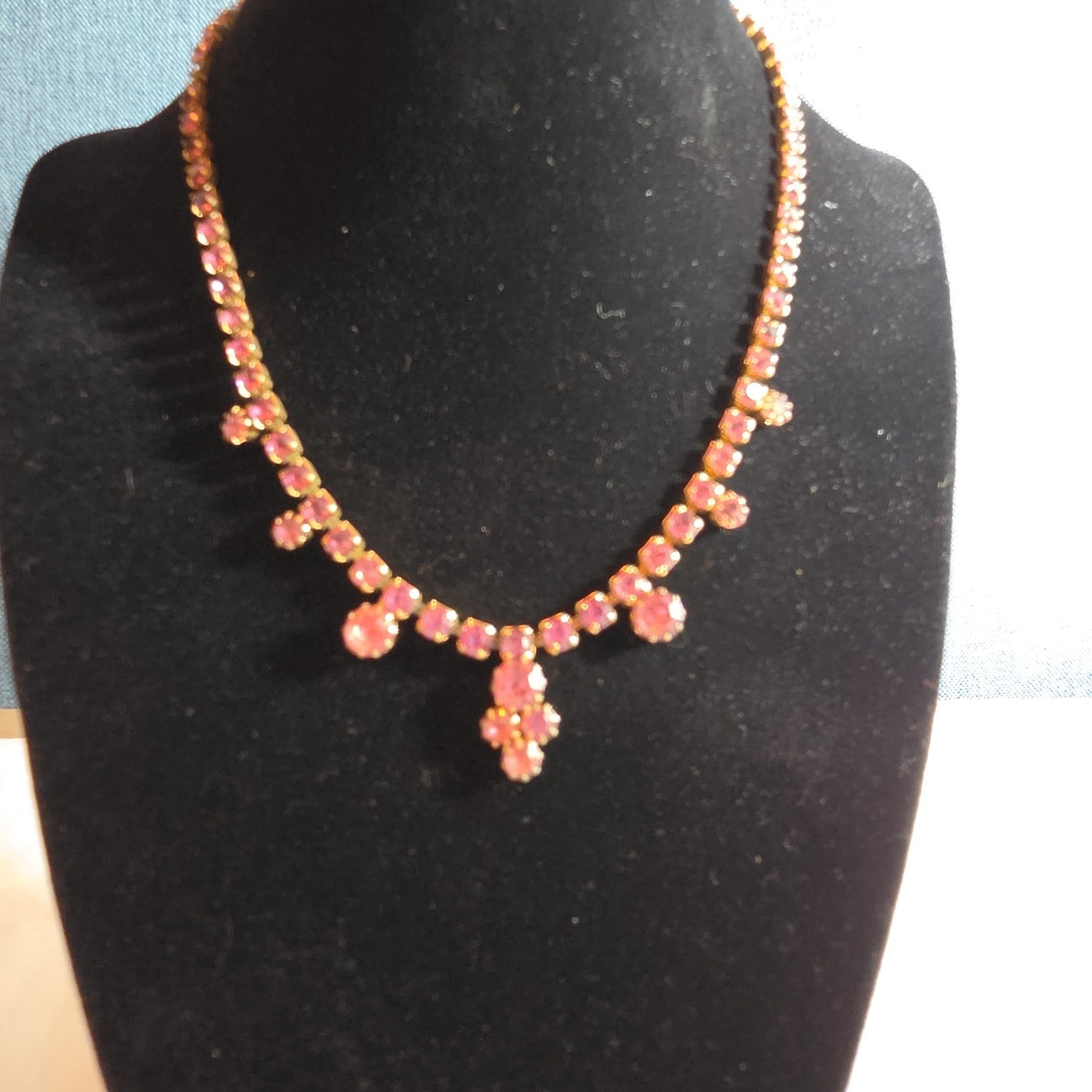 Fringe Necklace Pink Rhinestone Gold Tone Retro Glam