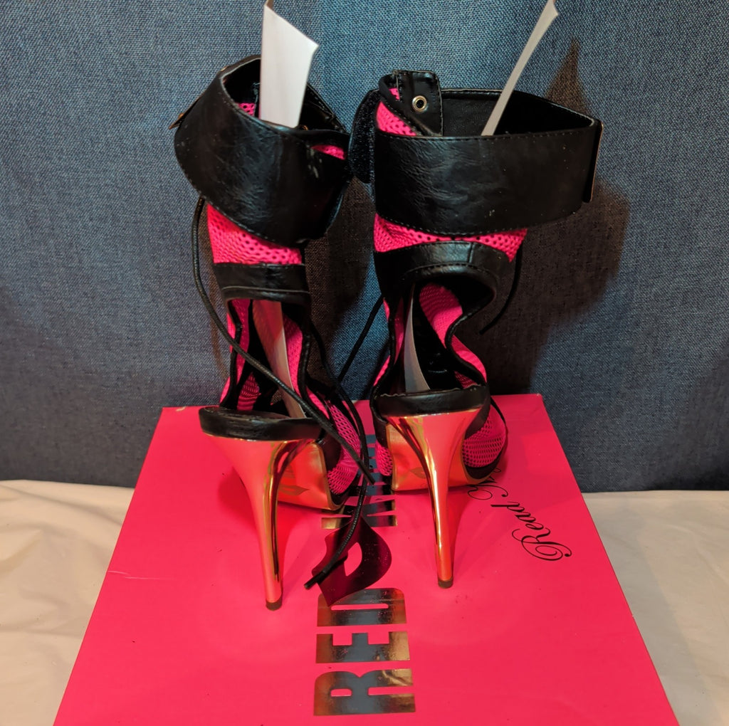 RedKiss Summer Stunner Heels Size 8.5 Pink Black Lace Up Caged Stiletto