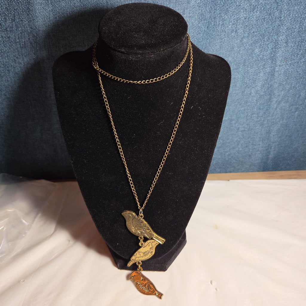 3 Birds Drop Pendant Necklace Brass Tone Long Chain Boho