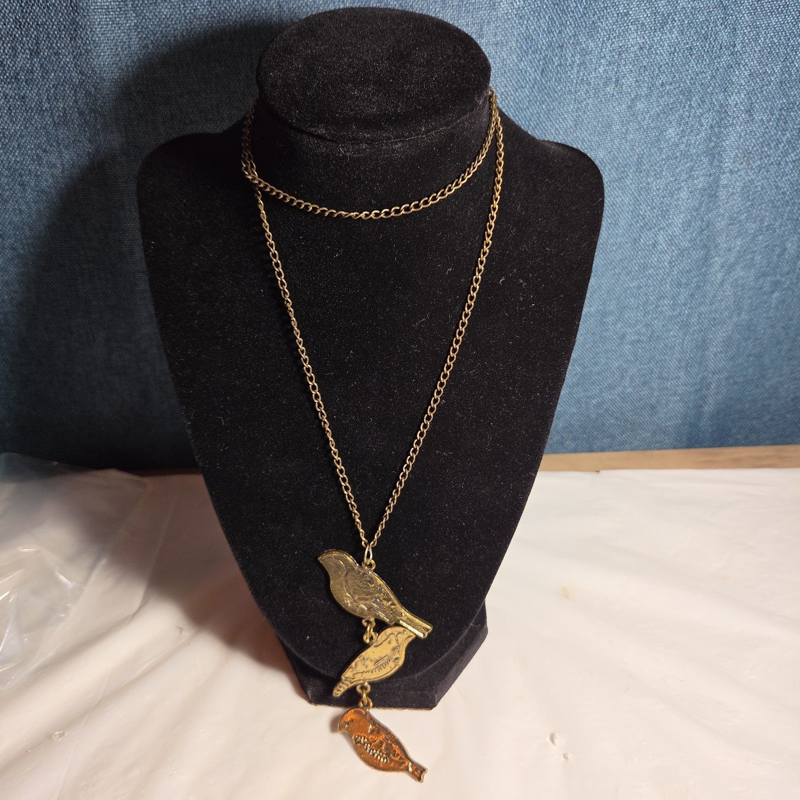 3 Birds Drop Pendant Necklace Brass Tone Long Chain Boho
