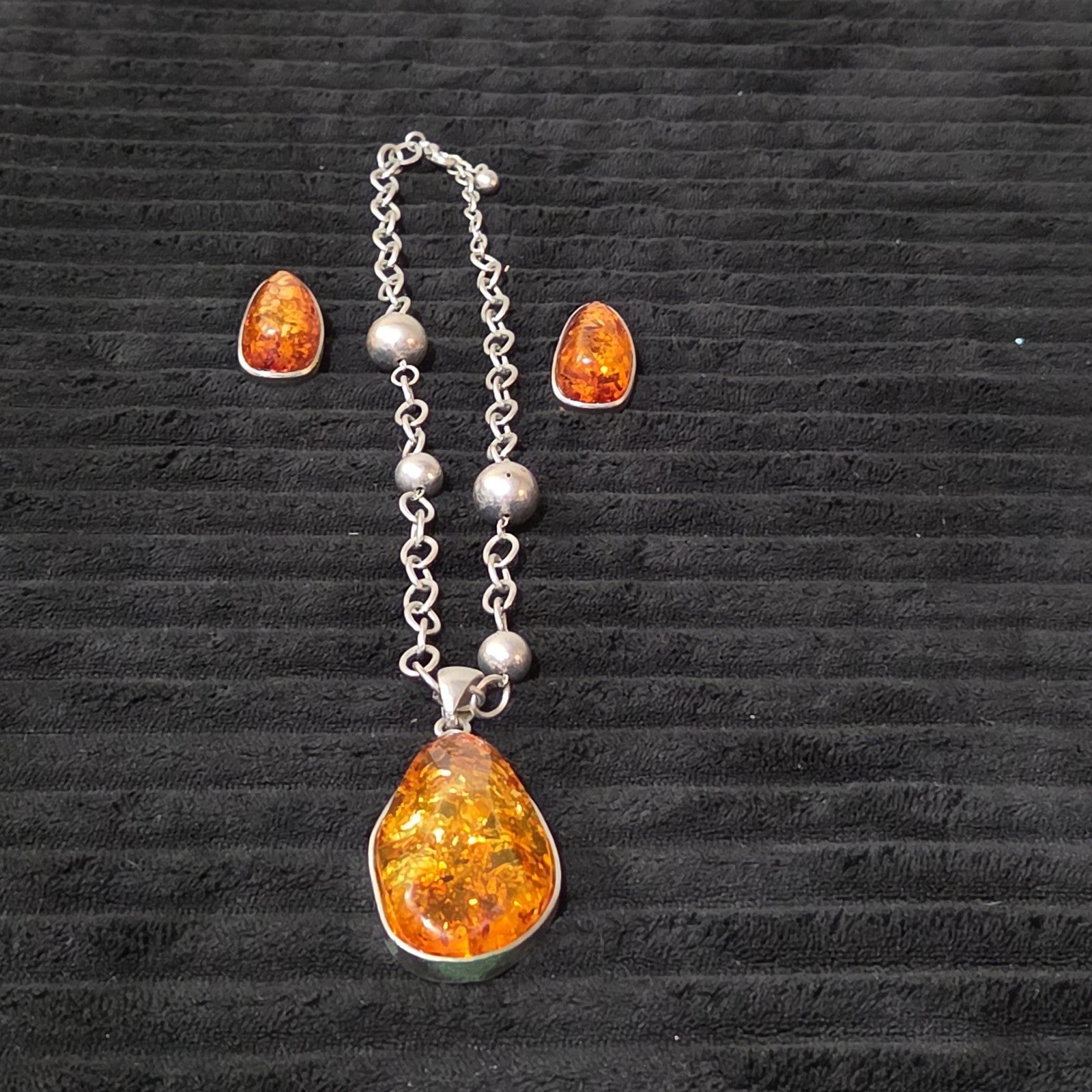 Vintage Faux Amber Necklace Clip On Earrings Set Silver Tone Teardrop Shimmer