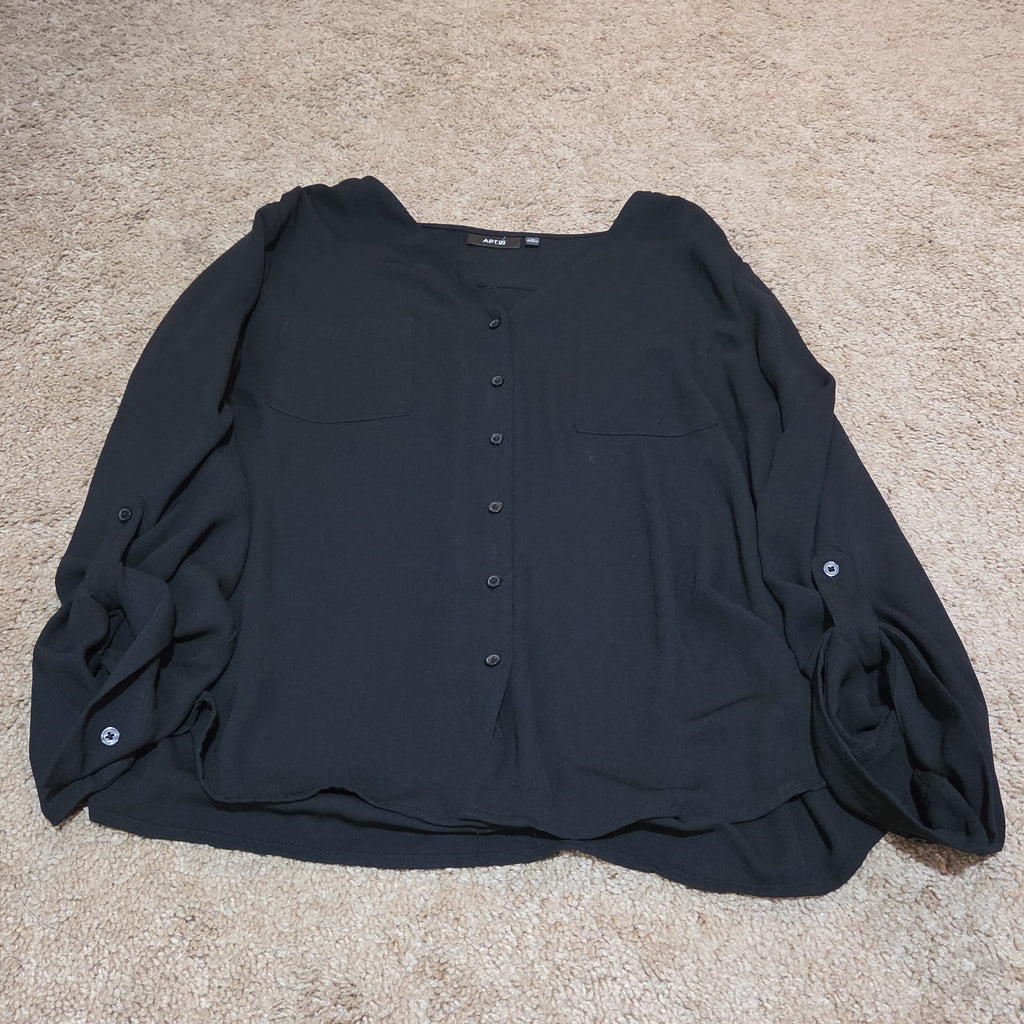 Apt 9 Black Blouse Womens XL V-Neck Roll Tab Sleeve Lightweight Shirt Casual Top