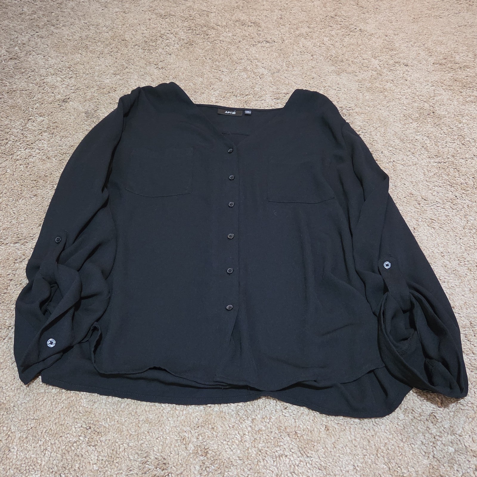 Apt 9 Black Blouse Womens XL V-Neck Roll Tab Sleeve Lightweight Shirt Casual Top