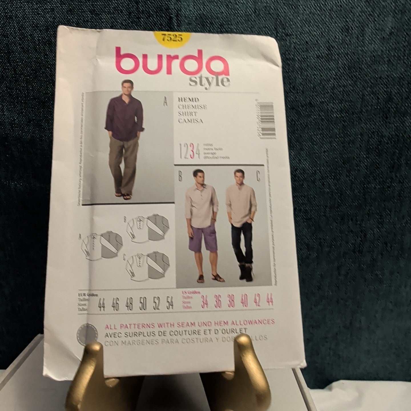 Burda 7525 Men's Shirt Pattern Button Up Tuxedo Bib Band Collar SZ 34-44 UNCUT