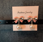 Pink Bow Pearl Drop Earrings Gold Plated Bowknot Cute Elegant Dangle Studs Gift