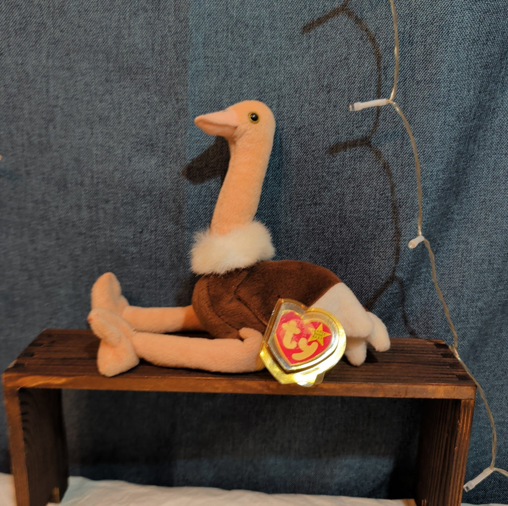 TY Beanie Baby Stretch Ostrich Plush PE Pellets 1997 Vintage With Heart Protect