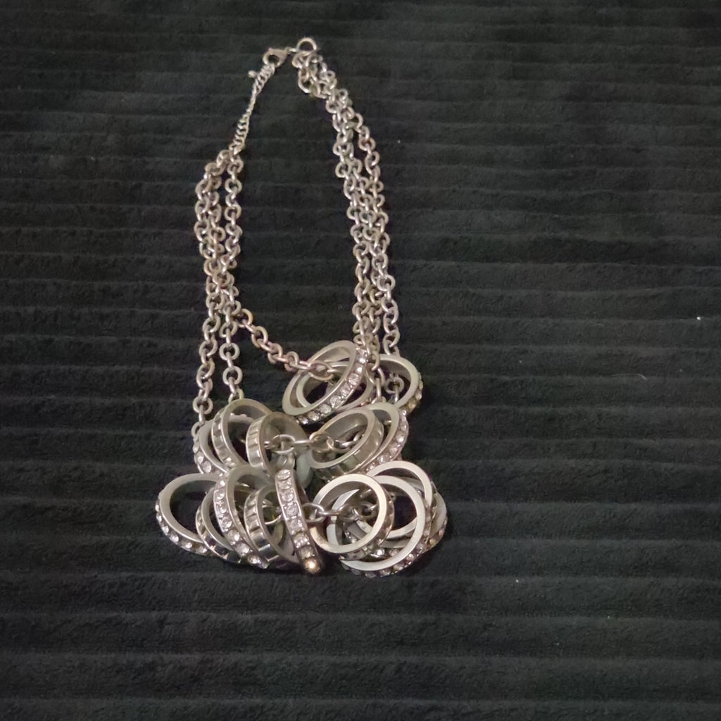 NY Collection Silver Tone Triple Chain Rhinestone Ring Cluster Necklace