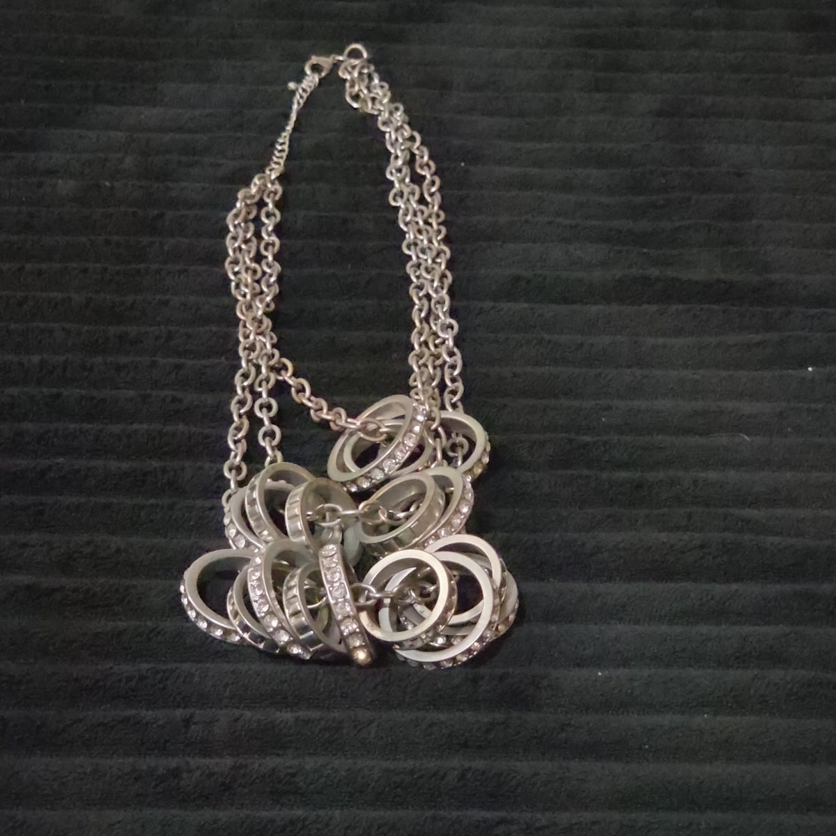 NY Collection Silver Tone Triple Chain Rhinestone Ring Cluster Necklace