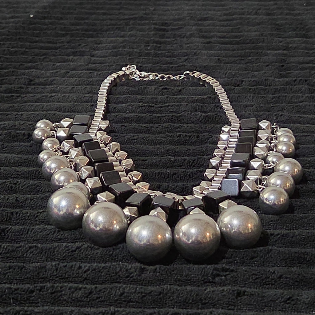 Chunky Silver Bib Statement Necklace Black Cube Cascading Collar Choker Punk Mod