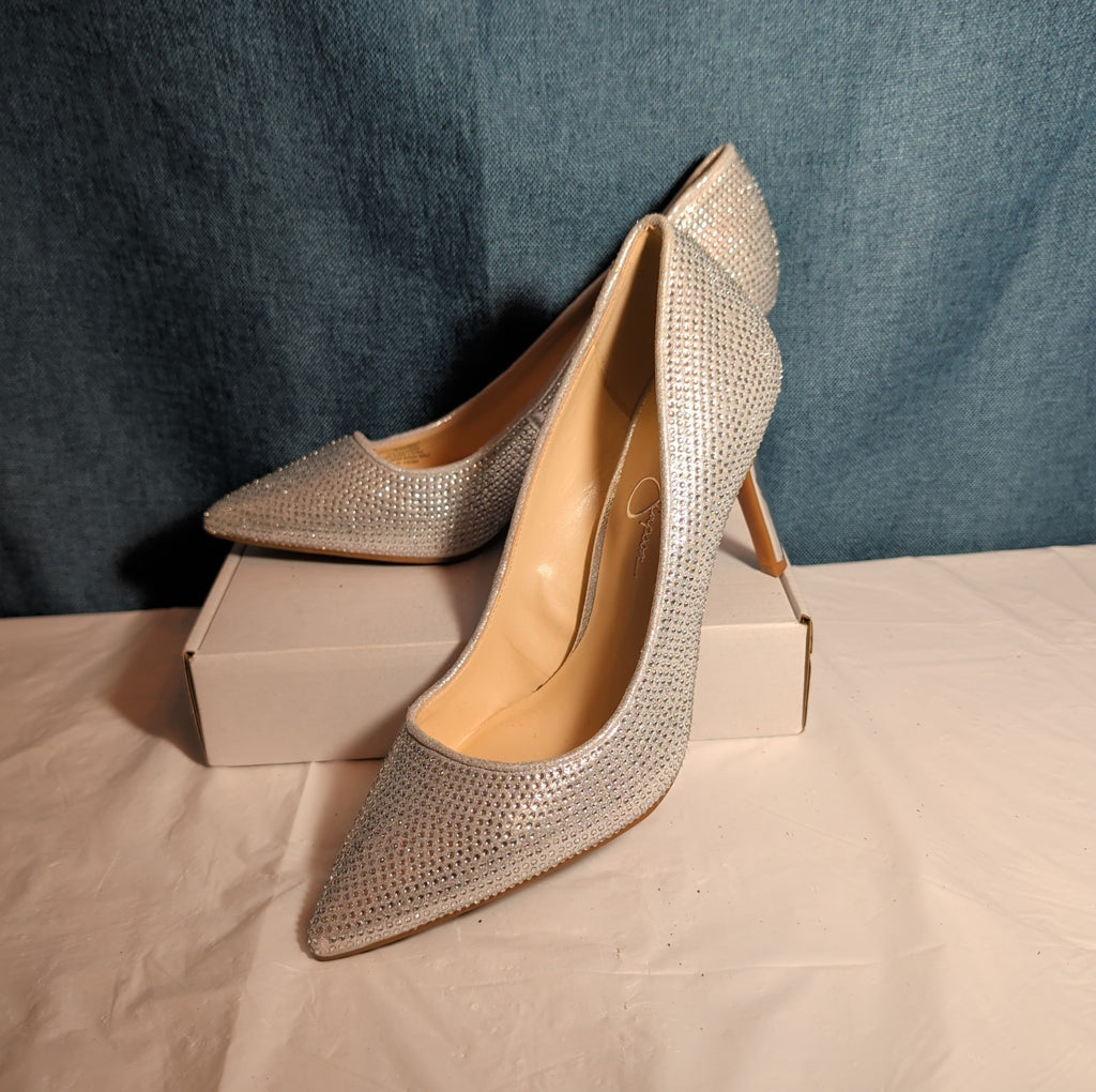 Jessica Simpson Lindiza Rhinestone Pumps 8M Silver Sparkly Stiletto Heels 39