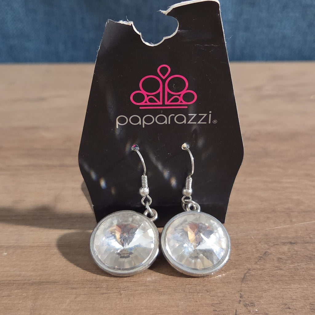 Paparazzi Rhinestone Drop Earrings Silver Sunburst Reverse Vintage