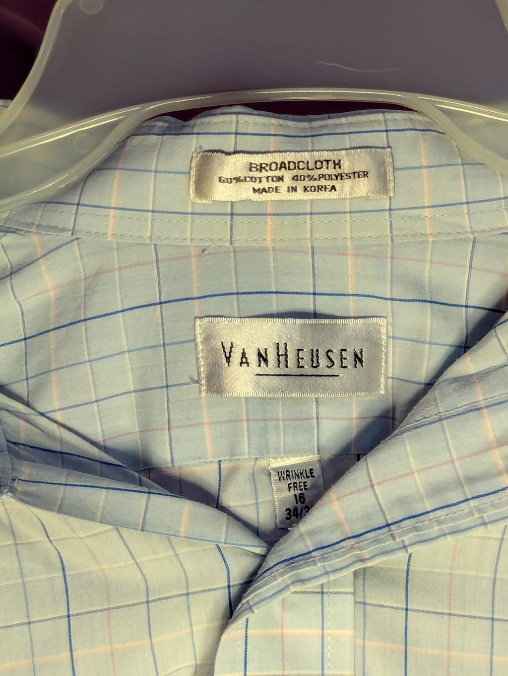 Van Heusen Wrinkle Free Broadcloth Dress Shirt Men's 16 (34/35) Light Blue Plaid