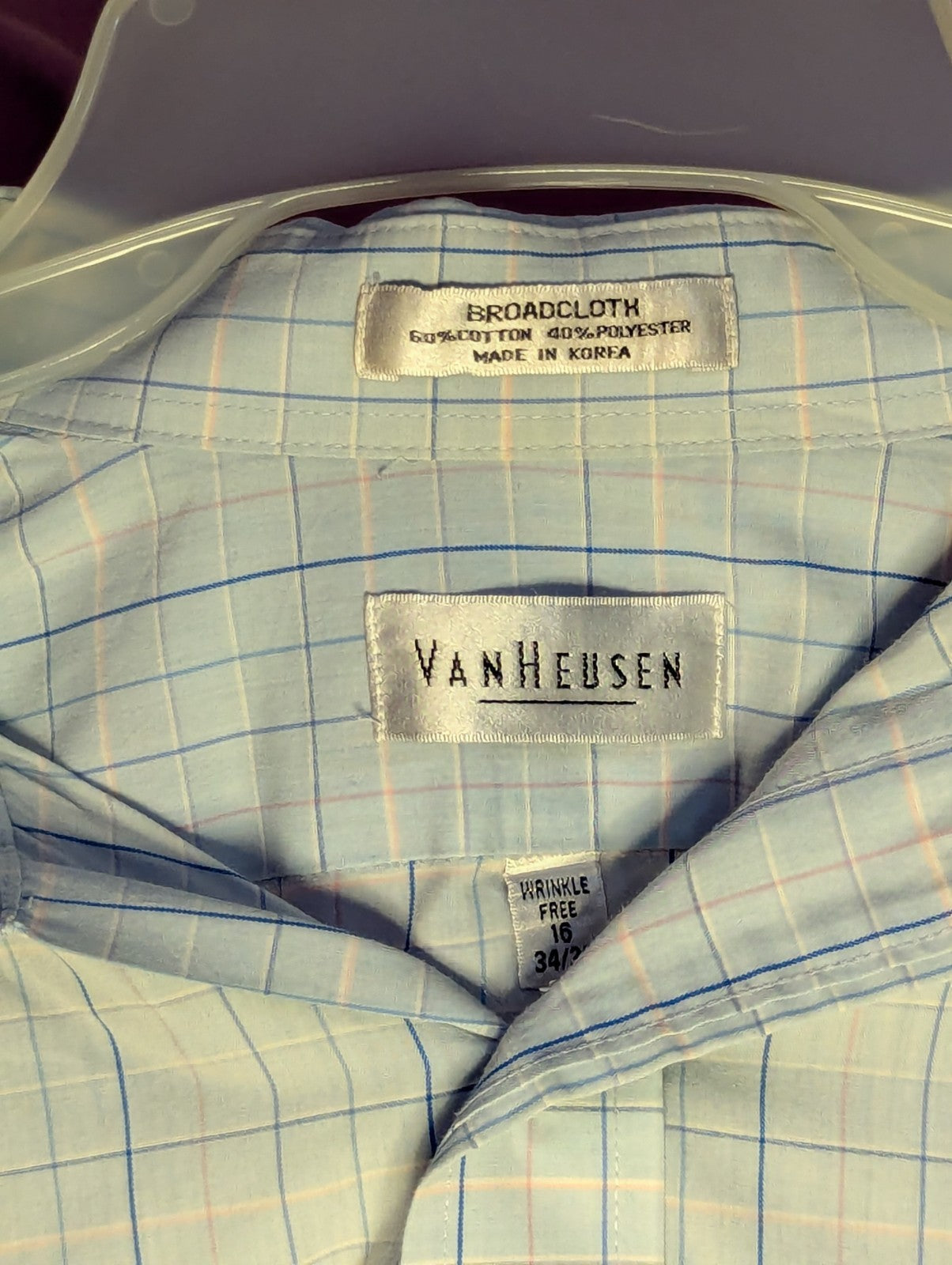 Van Heusen Wrinkle Free Broadcloth Dress Shirt Men's 16 (34/35) Light Blue Plaid