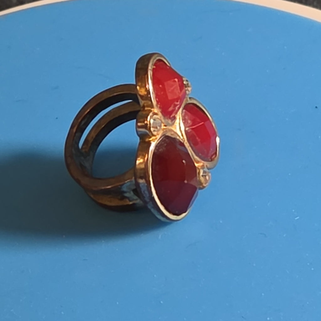 Red Gemstone Cluster Ring Gold Tone Statement Size 8.5
