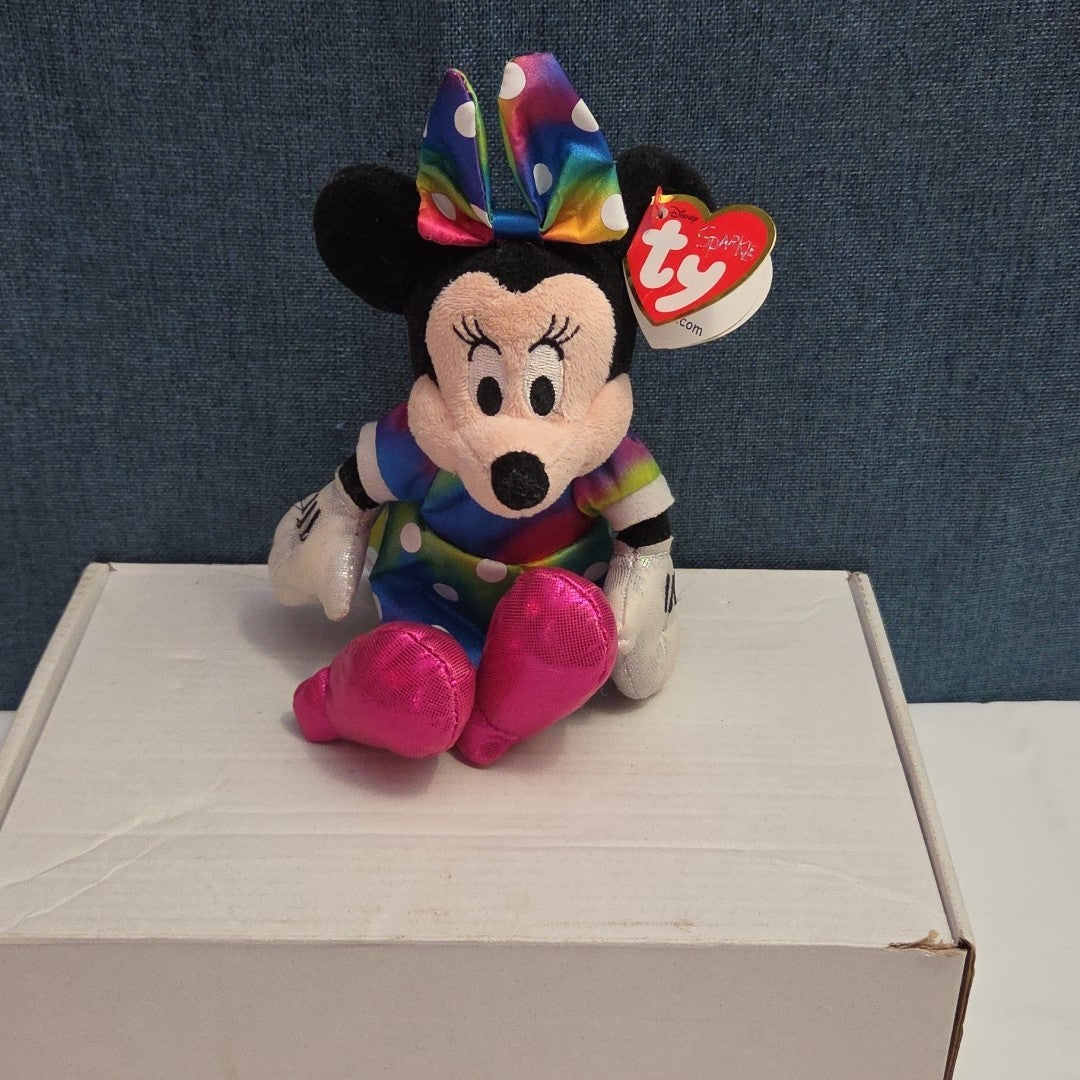 Ty Disney Beanie Baby Minnie Mouse Sparkle Rainbow Dress Metallic Pink Shoes