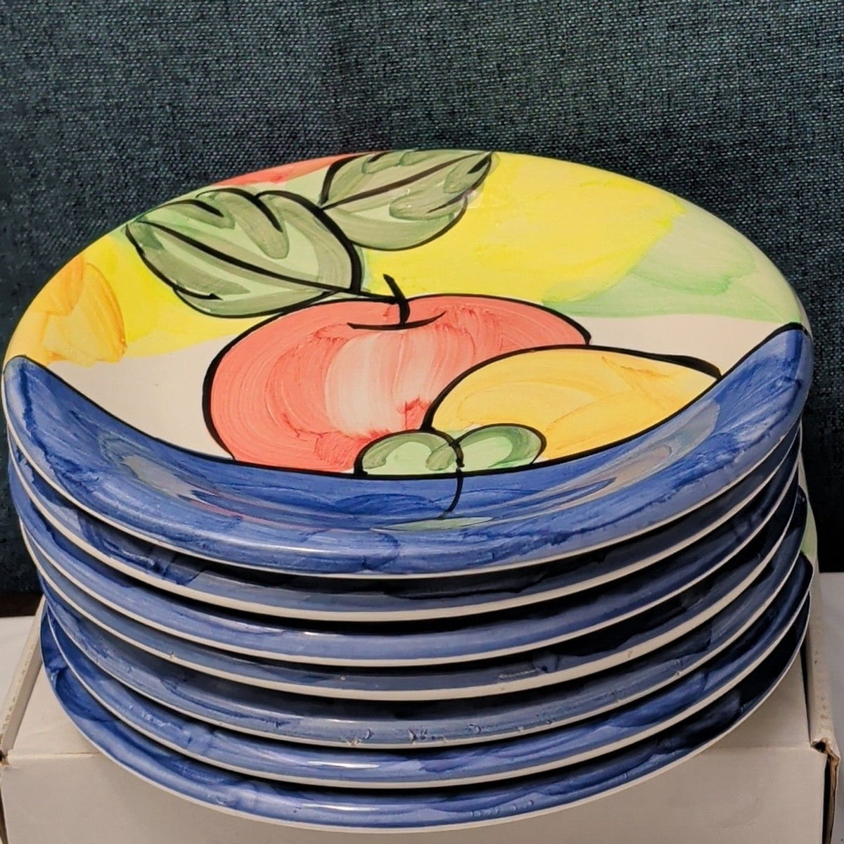 Bella Ceramica Alfresco Fruit Dinner Plates 10 in Hand Painted Set of 7