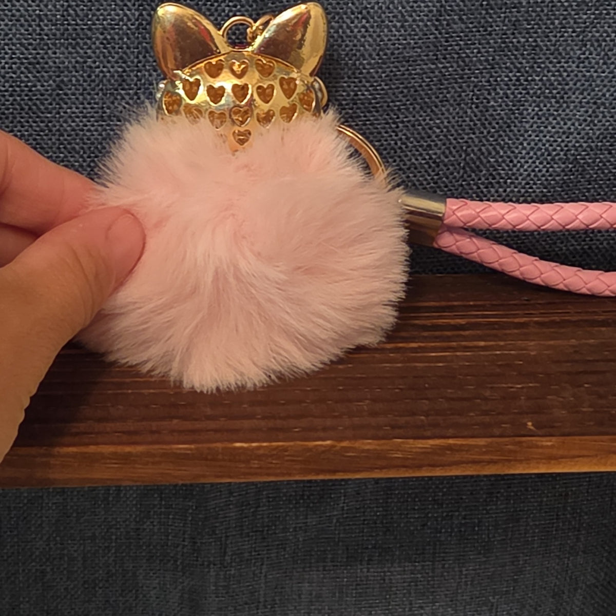 Pink Rhinestone Fox Pom Pom Keychain Charm Braided Strap