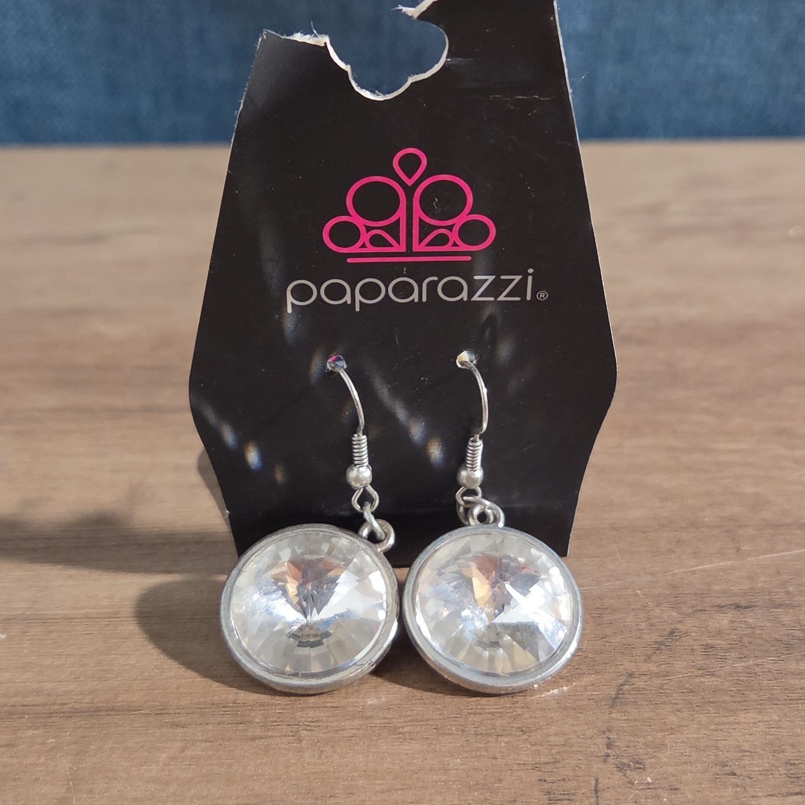 Paparazzi Rhinestone Drop Earrings Silver Sunburst Reverse Vintage