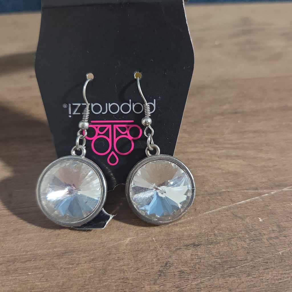 Paparazzi Rhinestone Drop Earrings Silver Sunburst Reverse Vintage