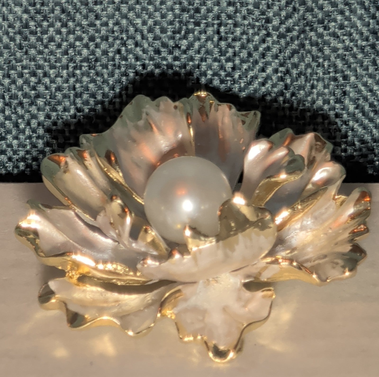 Peony Flower Brooch Pin Gold Tone Faux Pearl Enamel Coquette NWOT