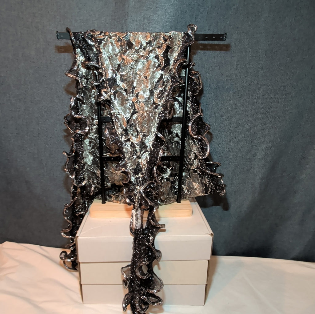 Laurena by LJL Metallic Lace Scarf Wrap Silver Black Ruffled Boho NWT 63x23